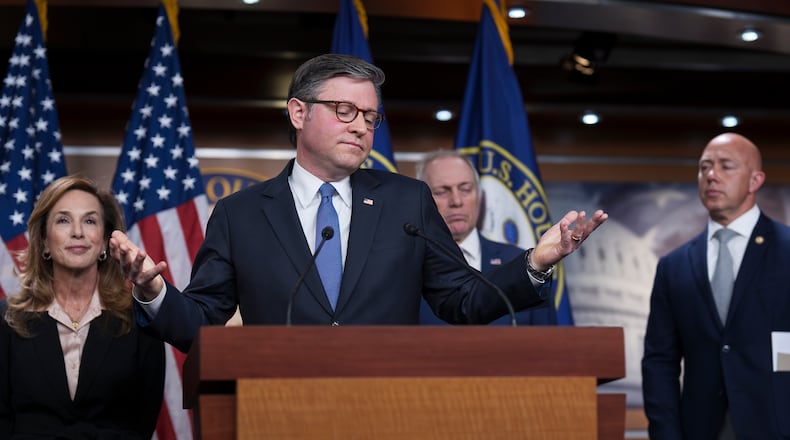 Speaker of the House Mike Johnson, R-La., gestures as he and the GOP leadership talk about the war against Iran, during a news conference at the Capitol in Washington, Wednesday, March 4, 2026. (AP Photo/J. Scott Applewhite)