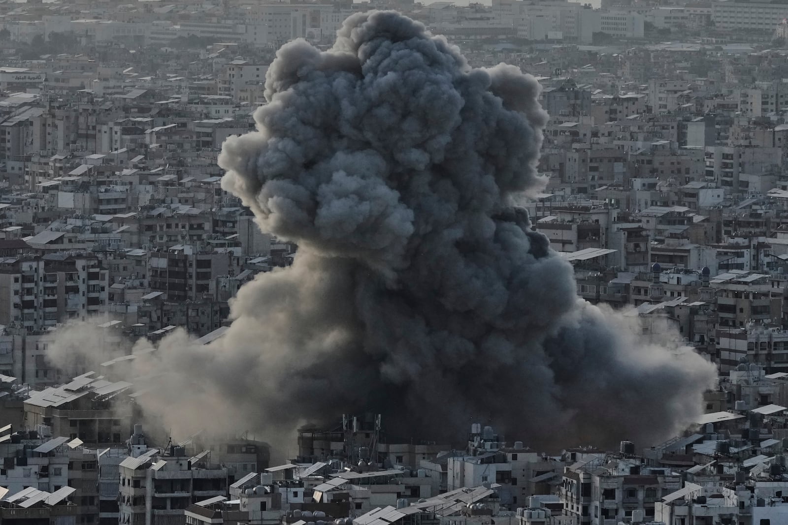 Smoke rises following an Israeli airstrike on Dahiyeh in the southern suburb of Beirut, Lebanon, Sunday, April 27, 2025. (AP Photo/Bilal Hussein)