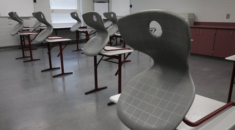 A classroom at Hayward Middle School set up for the new school year with social distancing. BILL LACKEY/STAFF