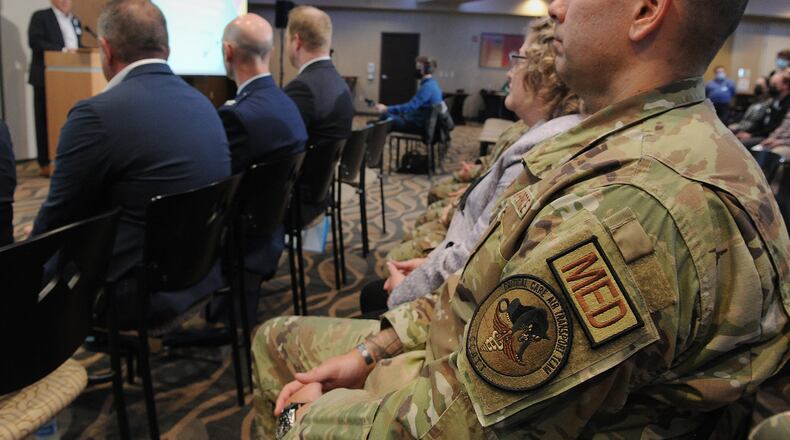 Members of the Critical Care Air Transport Team attended a press conference at Soin Medical Center Wednesday April 13, 2022 about the Air Force Critical Care Training Program starting this month at the center. MARSHALL GORBY\STAFF