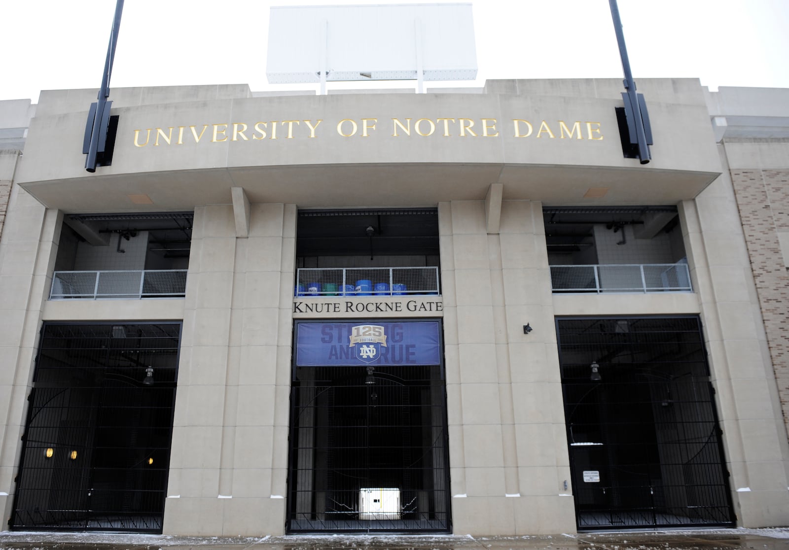 FILE - The Knute Rockne gate to Notre Dame stadium on the campus of the University of Notre Dame Dec. 27, 2012 in South Bend, Ind. (AP Photo/Joe Raymond, File)
