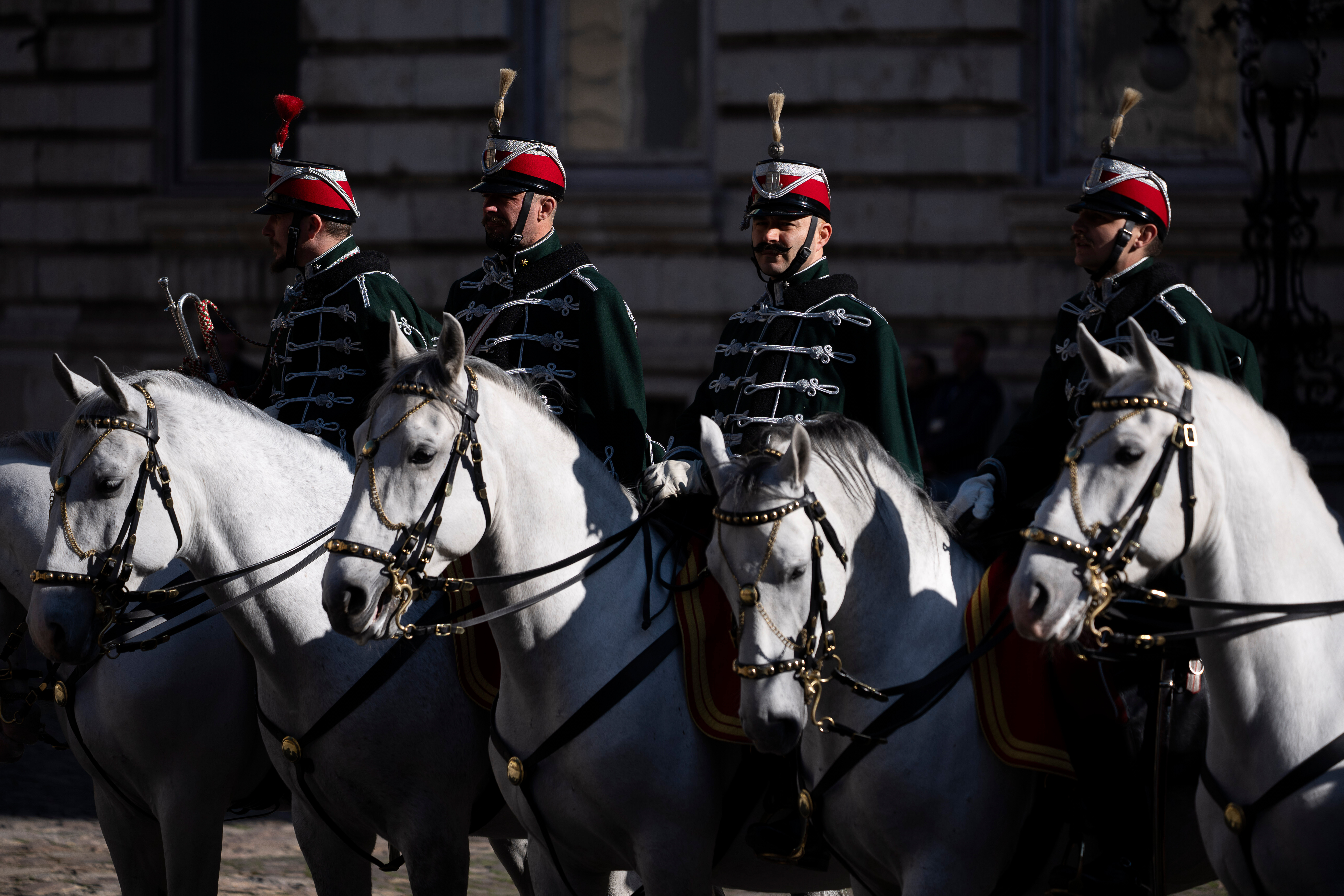 Hungarian guards wait before a welcoming ceremony of Israeli Prime Minister Benjamin Netanyahu at Buda Castle in Budapest, Hungary, on Thursday, April 3, 2025. (AP Photo/Denes Erdos)