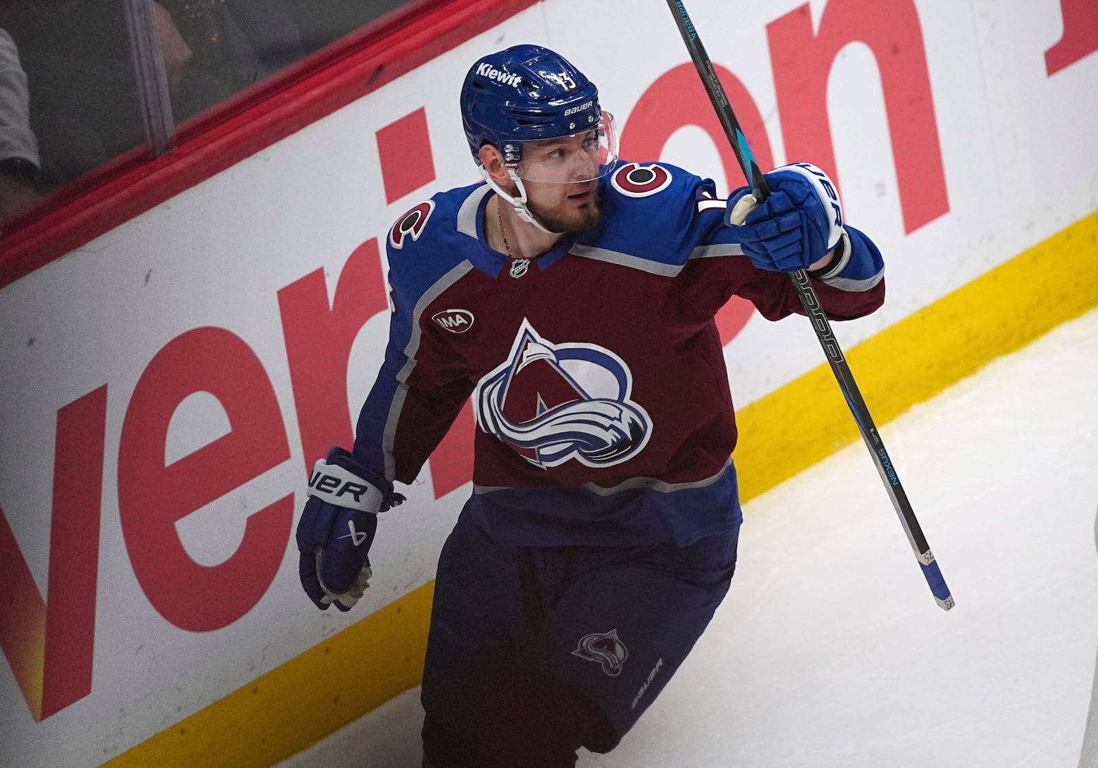 Colorado Avalanche right wing Valeri Nichushkin reacts after scoring against the Dallas Stars in the first period of Game 6 of an NHL hockey first-round playoff series Thursday, May 1, 2025, in Denver. (AP Photo/David Zalubowski)