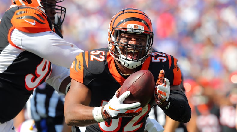 ORCHARD PARK, NY - SEPTEMBER 22: Preston Brown #52 of the Cincinnati Bengals celebrates after he recovers a fumble during the first half against the Buffalo Bills at New Era Field on September 22, 2019 in Orchard Park, New York. (Photo by Timothy Ludwig/Getty Images)