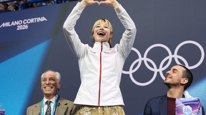 Alysa Liu of the United States reacts to her score after competing in the women's figure skating free program at the 2026 Winter Olympics, in Milan, Italy, Thursday, Feb. 19, 2026. (AP Photo/Stephanie Scarbrough)