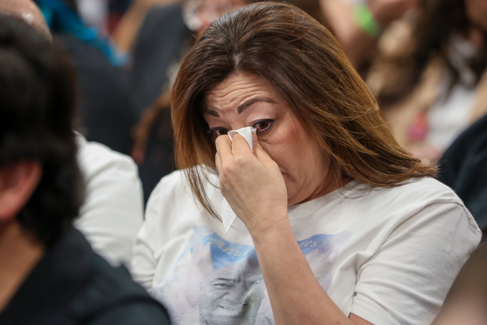 A person reacts during a hearing for Patrick Crusius, the Walmart mass shooter, in the 409th district Commissioners Courtroom at the Enrique Moreno County Courthosue in El Paso, Texas, April 21, 2025. (Ruben R. Ramirez/Pool Photo via AP)