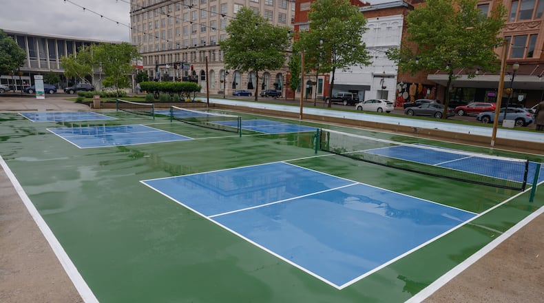 A view of the newly created pickleball courts on Tuesday, May 20, 2025, behind Springfield City Hall. JOSEPH COOKE/STAFF