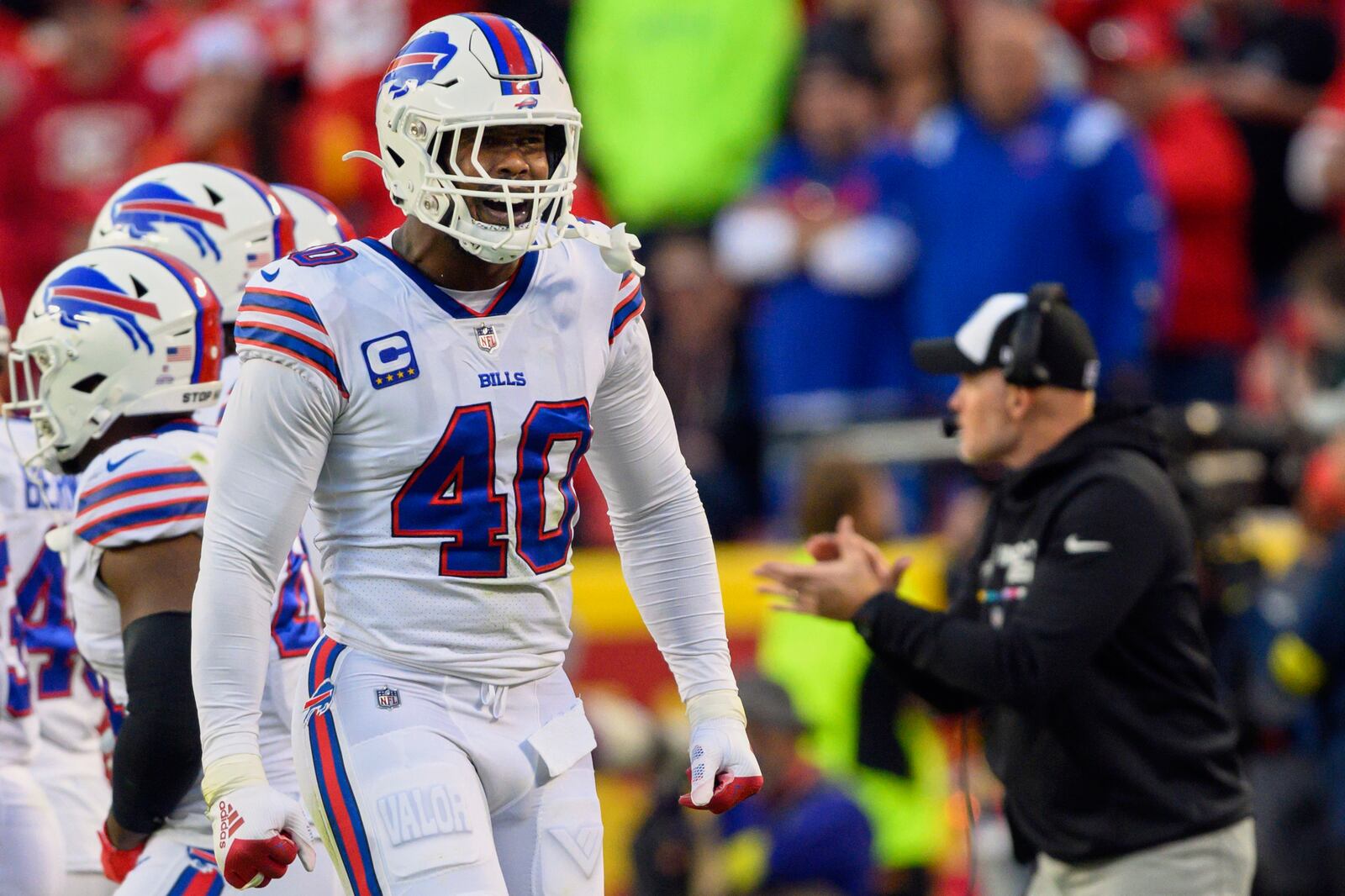 FILE - Buffalo Bills linebacker Von Miller (40) celebrates a defensive stop against the Kansas City Chiefs during the second half of an NFL football game, Sunday, Oct. 16, 2022 in Kansas City, Mo. (AP Photo/Reed Hoffmann, File)