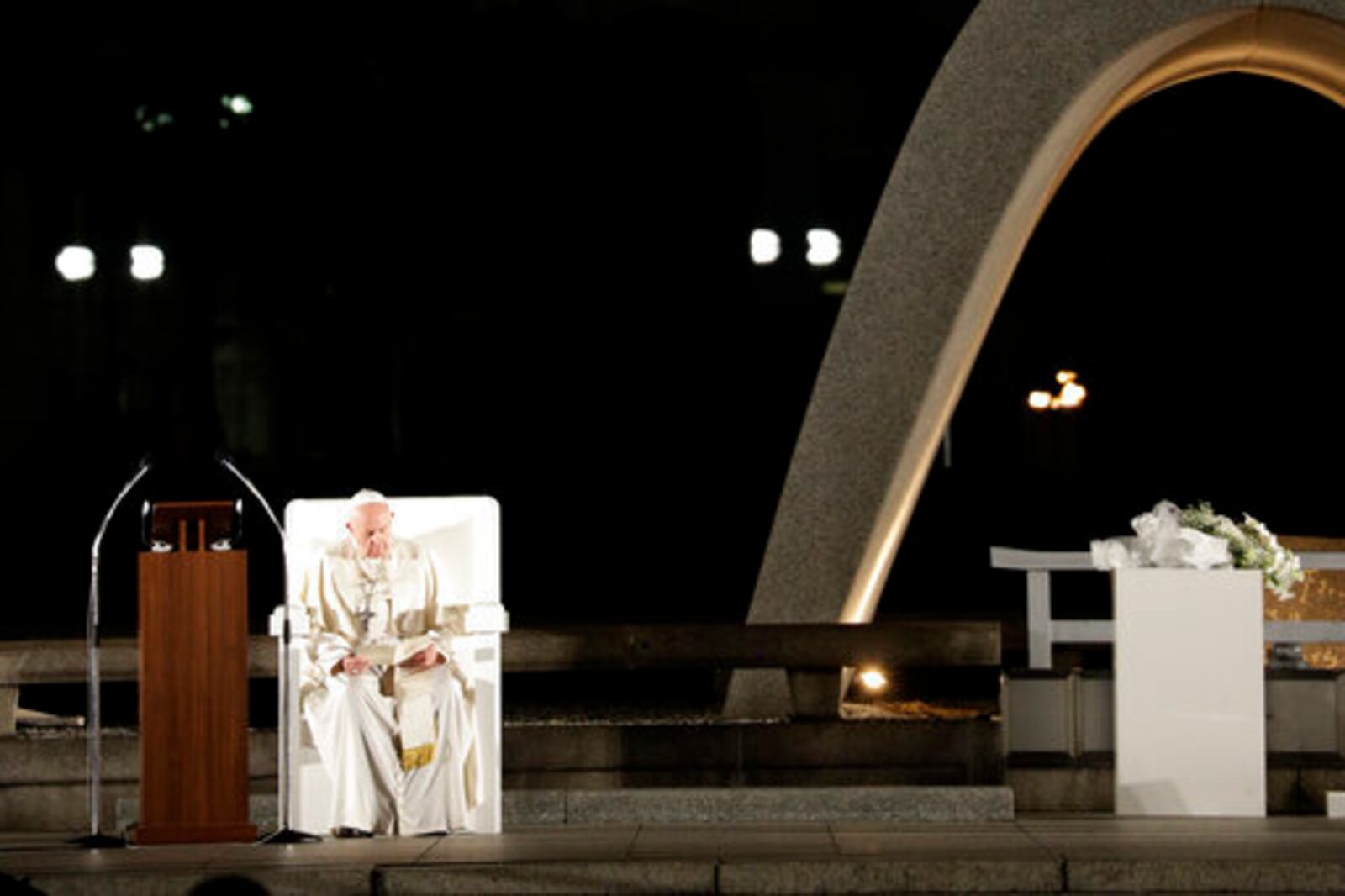 FILE - Pope Francis prepares to deliver a speech during a meeting at Hiroshima Peace Memorial Park in Hiroshima, western Japan, Sunday, Nov. 24, 2019. (AP Photo/Gregorio Borgia, file)