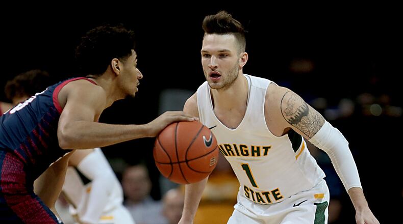 Wright State University forward Bill Wampler covers Detroit Mercy forward Alonde LeGrand during their Horizon League game at the Nutter Center in Fairborn Thursday, Feb. 6, 2020. Wright State won 98-86. Contributed photo by E.L. Hubbard