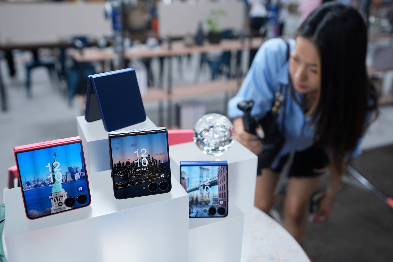 The new Galaxy Z Flip 7 is displayed during a Samsung preview event in New York, Monday, July 7, 2025. (AP Photo/Seth Wenig)