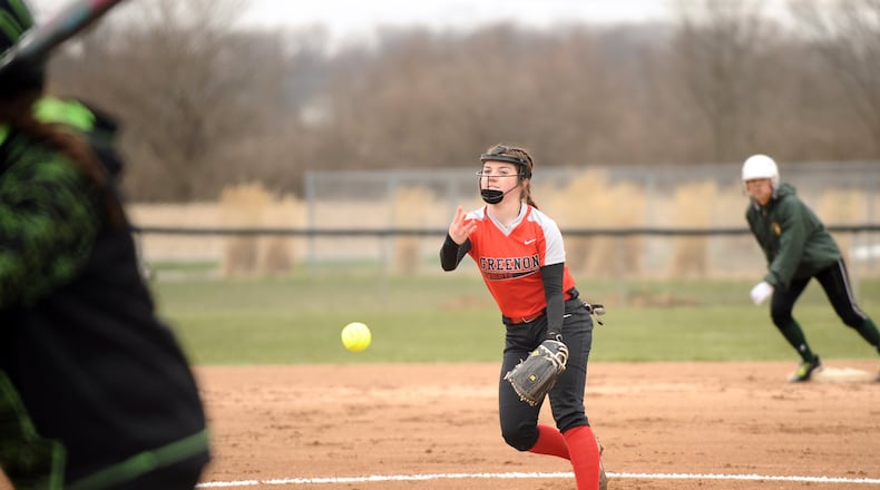 Greenon pitcher Sierra Potter, who got the start against Catholic Central on Monday night, gives the Knights’ added depth from the rubber along with Bailey Romine and Sydney Wells. Greg Billing / Contributed