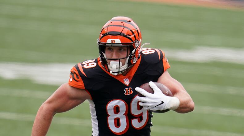 Cincinnati Bengals tight end Drew Sample (89) runs during the second half of an NFL football game against the Cleveland Browns, Sunday, Oct. 25, 2020, in Cincinnati. (AP Photo/Michael Conroy)