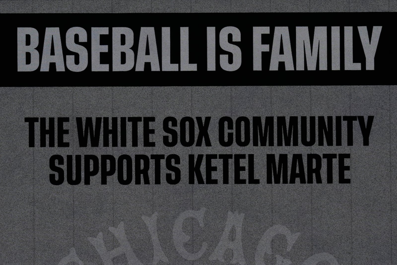 The Chicago White Sox display a sign on the big screen in support of Arizona Diamondbacks' Ketel Marte (4) during the first inning of a baseball game Wednesday, June 25, 2025, in Chicago. (AP Photo/Erin Hooley)