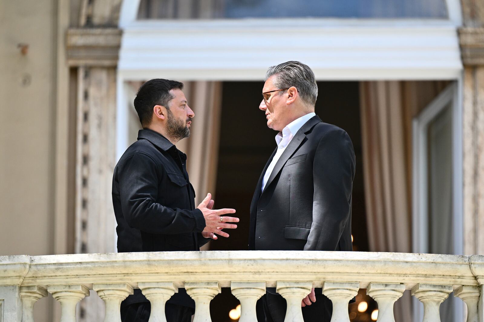 Britain's Prime Minister Keir Starmer, right, and President of Ukraine Volodymyr Zelenskyy talk during a bilateral meeting at The Villa Wolkonsky in Rome, Italy, Saturday April 26, 2025. (Marco M. Mantovani/Getty Images)