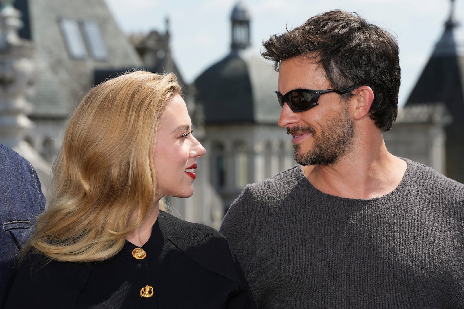 Scarlett Johansson, left, and Jonathan Bailey pose for photographers upon arrival at the photo call for the film 'Jurassic World Rebirth' on Monday, June 16, 2025, in London. (Photo by Scott A Garfitt/Invision/AP)