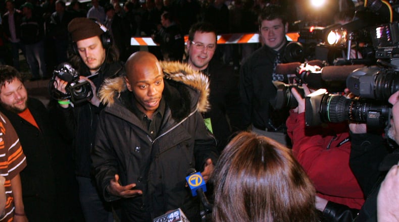 1 March 05 Photo by Ron Alvey. Dave Chappelle talks to the media inside the lobby of the Regal Hollywood 20 movie cinemas, in Fairborn. Chapelle was there for the Ohio premiere of his new film Dave Chappelle's Block Party.