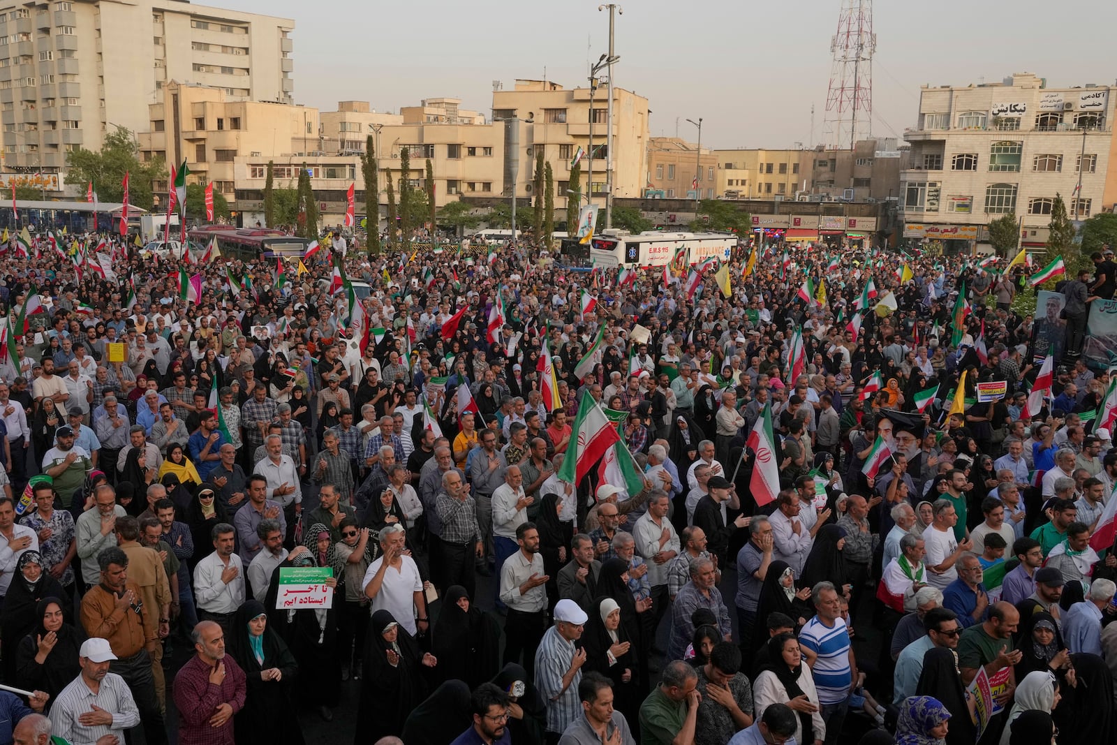 Iranian protesters attend an anti-U.S. and anti-Israeli rally at Enqelab-e-Eslami (Islamic Revolution) square in downtown Tehran, Iran, Tuesday, June 24, 2025. (AP Photo/Vahid Salemi)