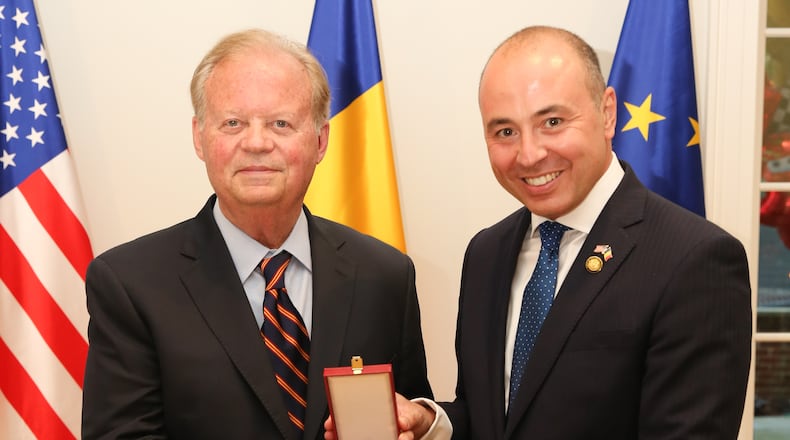Tony Hall, former US Congressman and ambassador, is presented the Order of the Star of Romania, by Andrei Muraru, Romanian ambassador to the United States, on Wednesday, July 13, 2022, in Washington D.C.  Contributed photo by Lucy Jo Photography