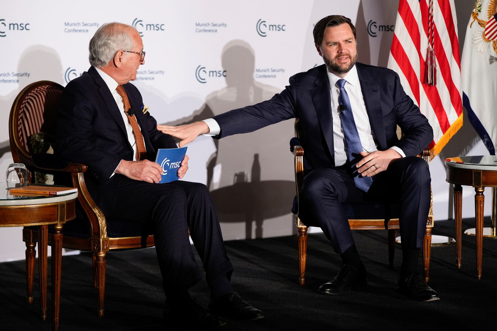 Vice President JD Vance, right, speaks with Wolfgang Ischinger, left, at the Munich Leaders Meeting, Wednesday, May 7, 2025, in Washington. (AP Photo/Julia Demaree Nikhinson)
