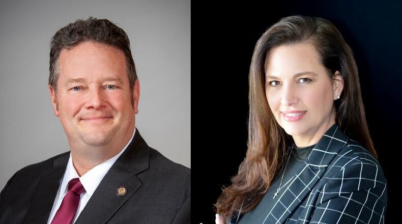Headshots of Republican 70th Ohio Statehouse District primary candidates Brian Lampton and Katherine Shutte.