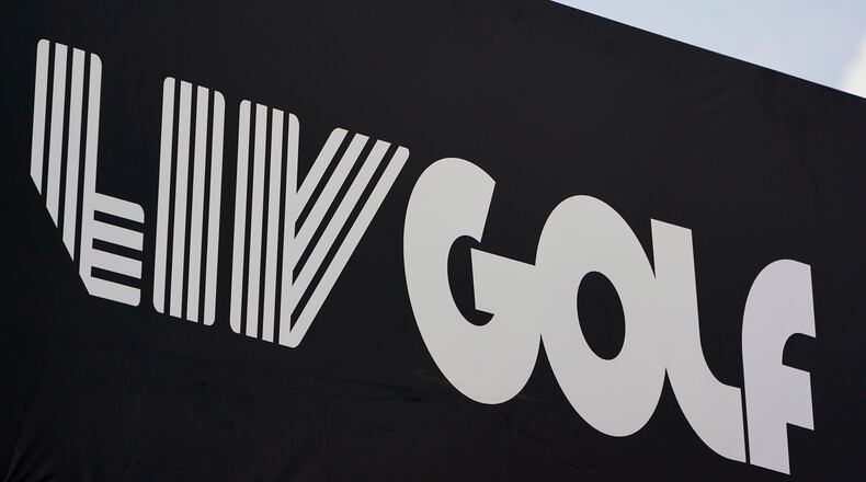 FILE - Signage for LIV Golf is displayed during the pro-am round of the Bedminster Invitational LIV Golf tournament, July 28, 2022, in Bedminster, N.J. (AP Photo/Seth Wenig, File)