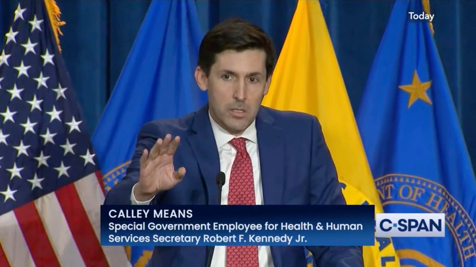 In this image from video provided by C-SPAN, Calley Means, a key adviser to Health and Human Services Secretary Robert F. Kennedy Jr., speaks during a news conference where the HHS and FDA announced plans to ban petroleum-based food dyes, in Washington, on April 22, 2025. (C-SPAN via AP)