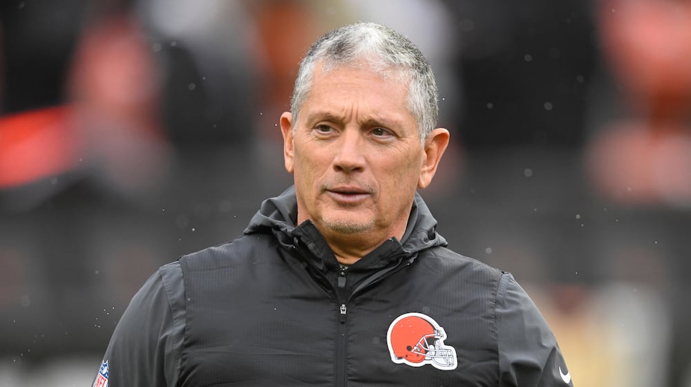 FILE - Cleveland Browns defensive coordinator Jim Schwartz walks on the field before an NFL football game against the Tennessee Titans in Cleveland, Dec. 7, 2025. (AP Photo/David Richard, File)