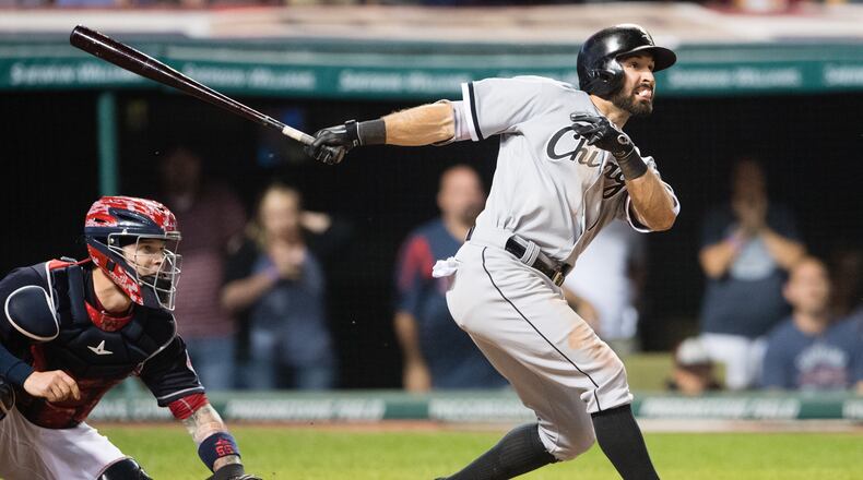 Adam Eaton, of the Chicago White Sox, hits a grand slam during the ninth inning against the Cleveland Indians at Progressive Field on August 17, 2016 in Cleveland, Ohio. (Photo by Jason Miller/Getty Images)