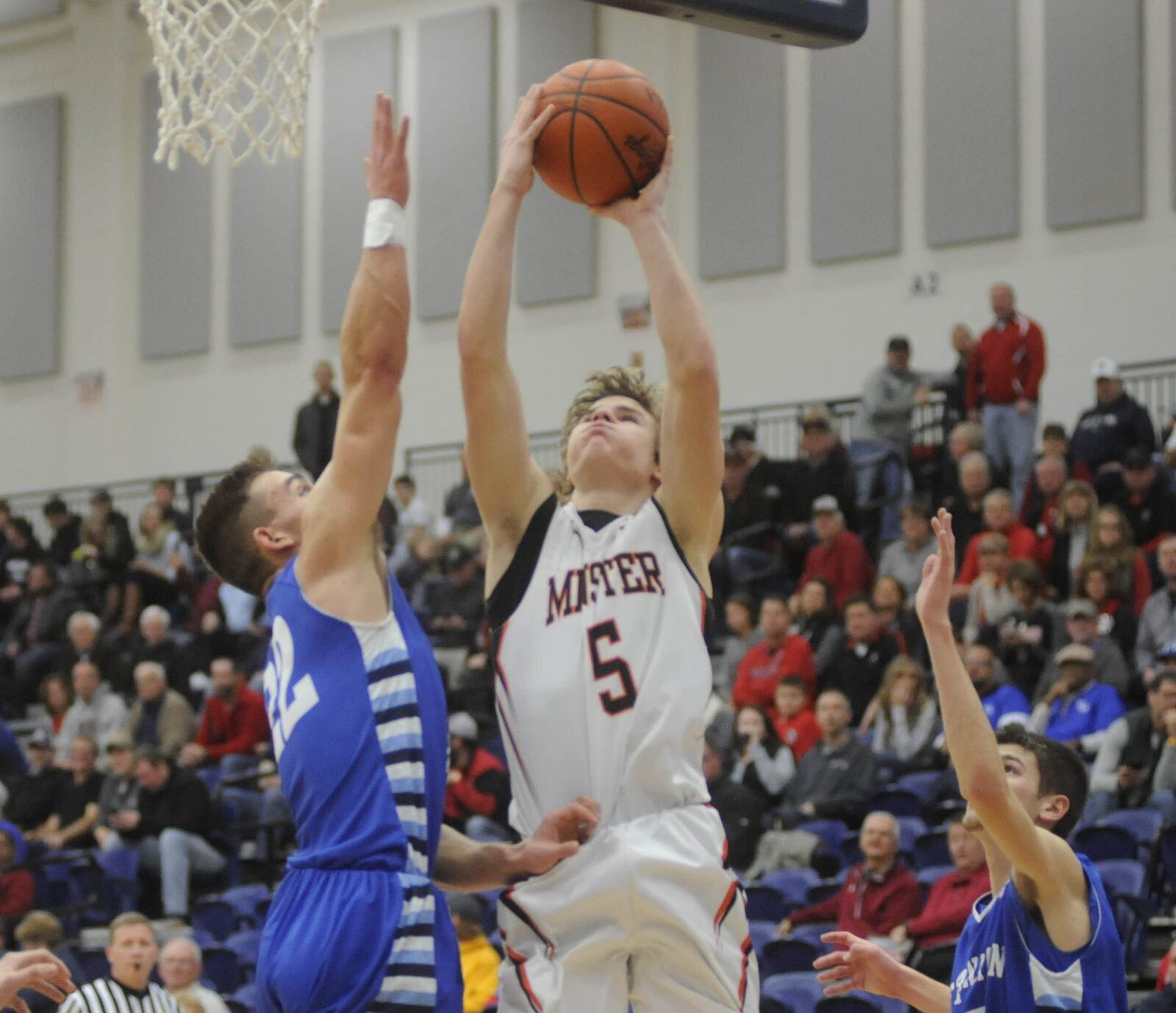 Minster’s Alex Lehmkuhl (5). Minster defeated Franklin Monroe 74-58 in the 16th annual Premier Health Flyin’ to the Hoop at Trent Arena in Kettering on Sun., Jan. 15, 2018. MARC PENDLETON / STAFF