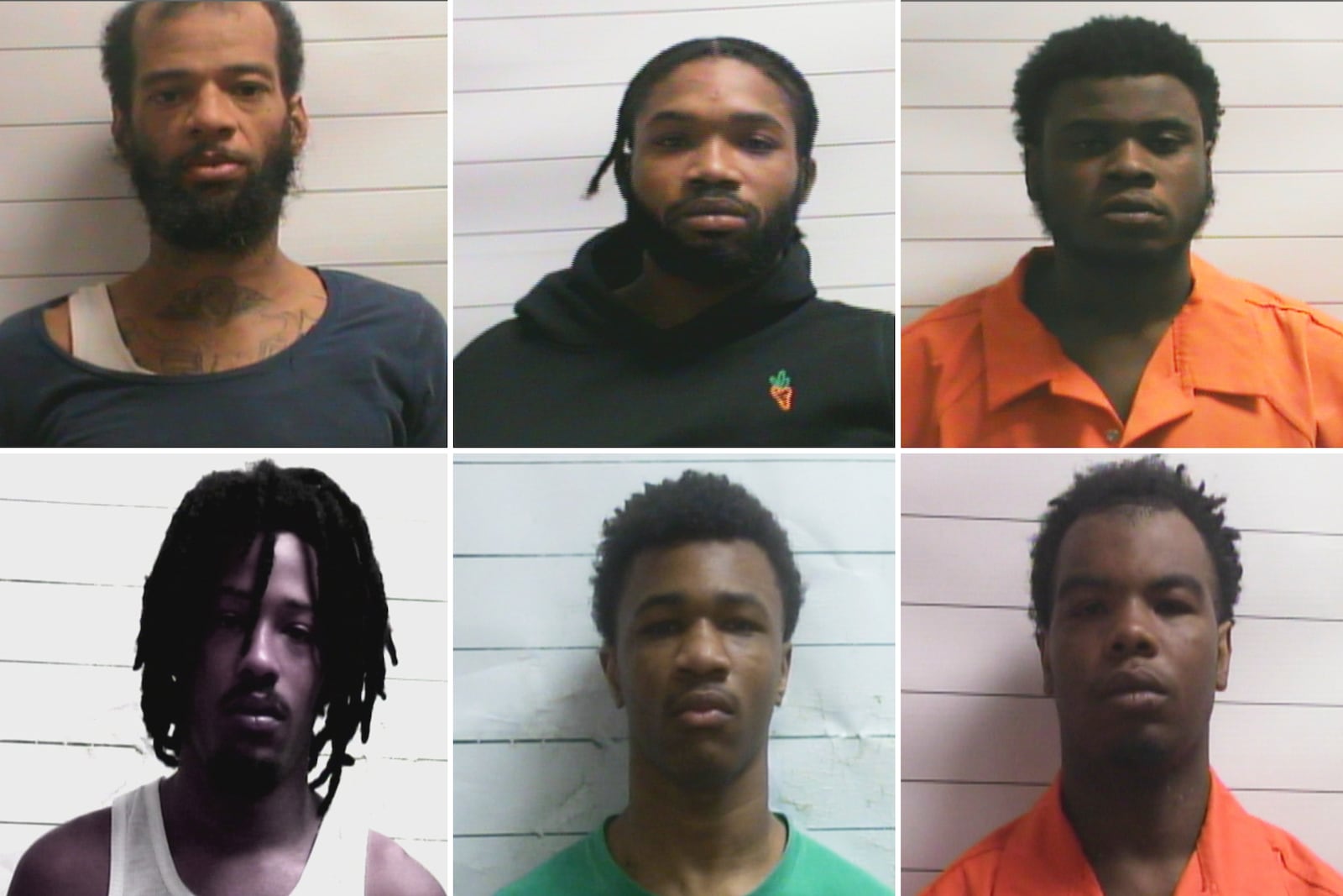 This photo combo shows inmates who escaped from a New Orleans jail, from left top: Keith A Lewis, Dkenan Dennis, Gary C Price, bottom from left, Robert Moody, Kendell Myles, Corey E Boyd. (Orleans Parish Sheriff's Office via AP)