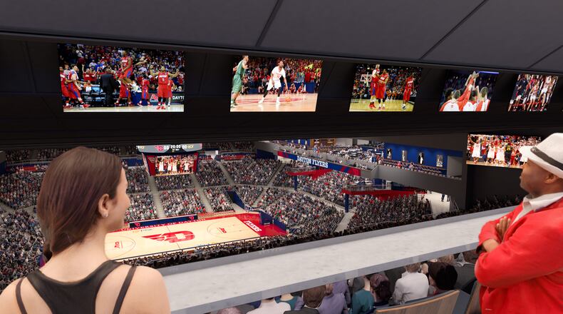 Renderings of proposed renovations to UD Arena. The $12.5 million in renovations will feature new premier seating, an expanded concourse and changes to the building’s exterior. CONTRIBUTED