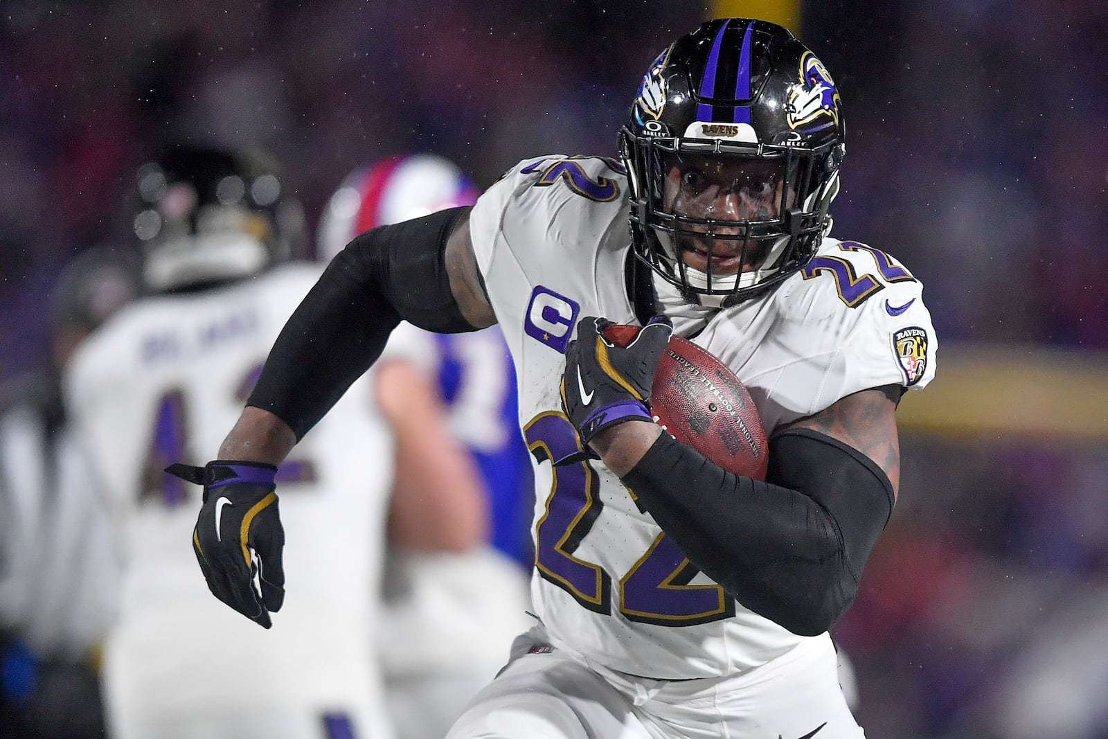 FILE - Baltimore Ravens running back Derrick Henry (22) carries the ball against the Buffalo Bills during the third quarter of an NFL divisional playoff football game, Sunday, Jan. 19, 2025, in Orchard Park, N.Y. (AP Photo/Adrian Kraus, File)