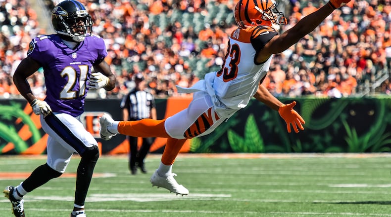 The Cincinnati Bengals wide receiver Tyler Boyd tries to make a diving catch during their 20-0 loss to the Baltimore Ravens Sunday, Sept. 10 at Paul Brown Stadium in Cincinnati. NICK GRAHAM/STAFF