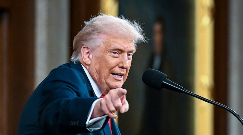 President Donald Trump delivers the State of the Union address to a joint session of Congress in the House chamber at the U.S. Capitol in Washington, Tuesday, Feb. 24, 2026. (Kenny Holston/The New York Times via AP, Pool)