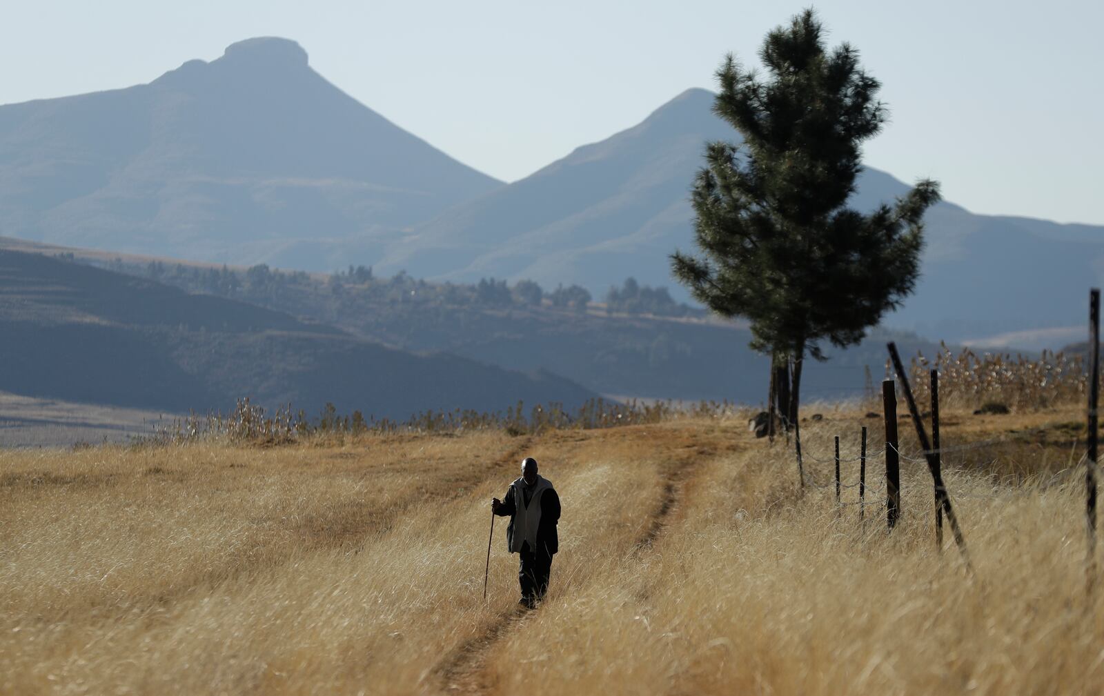 FILE - A man walks on the land at Ha Mampho village, Lesotho, June 3, 2017. (AP Photo/Themba Hadebe, File)