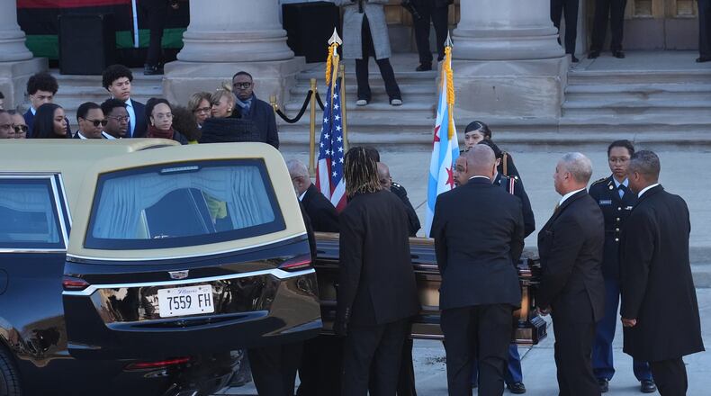 The casket with Reverend Jesse Jackson arrives before a public visitation at Rainbow/PUSH Coalition in Chicago, Thursday, Feb. 26, 2026. (AP Photo/Nam Y. Huh)