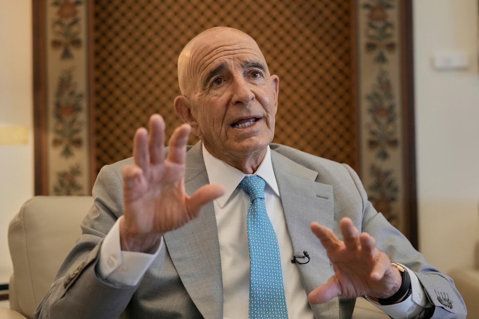 U.S. Ambassador to Turkey and Special Envoy to Syria Tom Barrack speaks during an interview with The Associated Press at the U.S. Embassy in Aukar, northern suburb of Beirut, Lebanon, Monday, July 21, 2025. (AP Photo/Hassan Ammar)