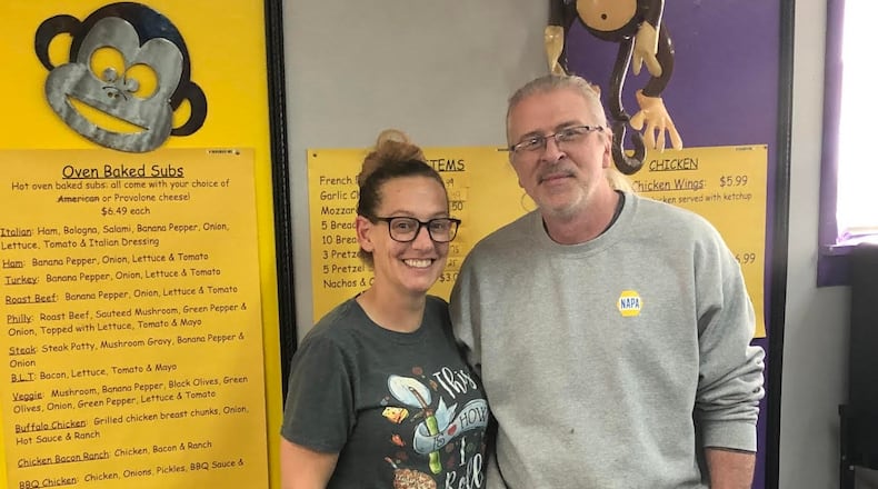 Manager Abby Perkins and owner Bill Shoemaker at Purple Monkey Pizza in South Charleston. CONTRIBUTED PHOTO