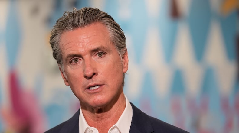 FILE - California Gov. Gavin Newsom speaks at a news conference at Belvedere Middle School, Oct. 8, 2025, in Los Angeles. (AP Photo/Damian Dovarganes, File)