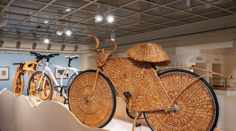 "Cycles Thru!" features a variety of amazing bicycles. This bicycle, covered in wicker, is still functional.
Photo credit: Phil Armstrong.