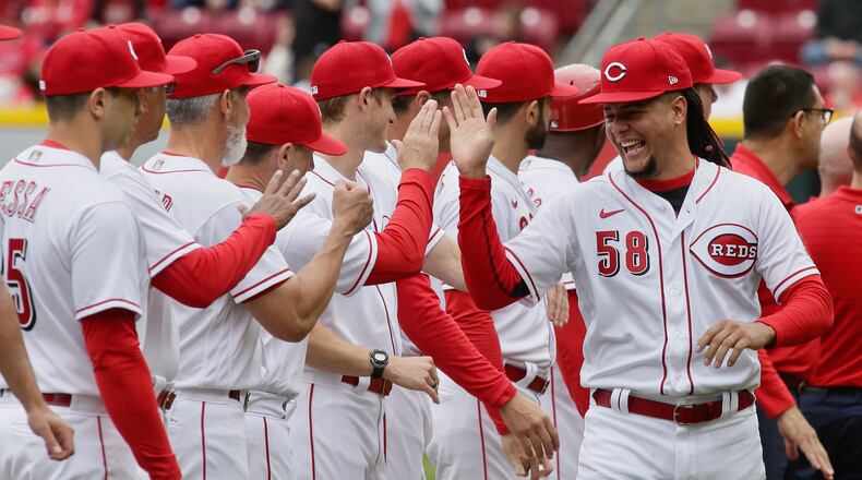 Reds starter Luis Castillo is introduced on Opening Day in Cincinnati on April 12, 2022, at Great American Ball Park. David Jablonski/Staff