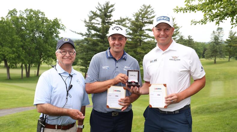 Brian Stuard, center, and Matthys Daffue, right, were the medalists at the U.S. Open Qualifier at Springfield Country Club on Monday. and Photo by Ron Alvey courtesy of Miami Valley Golf Association