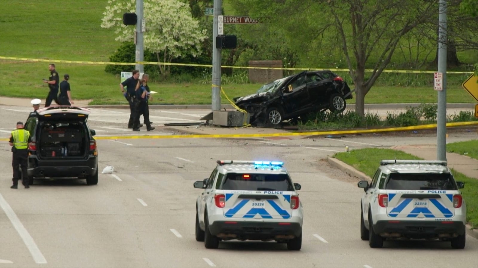 Police investigate the scene where a county deputy was struck and killed by a vehicle on Friday, May 2, 2025 in Cincinnati. (WCPO via AP)