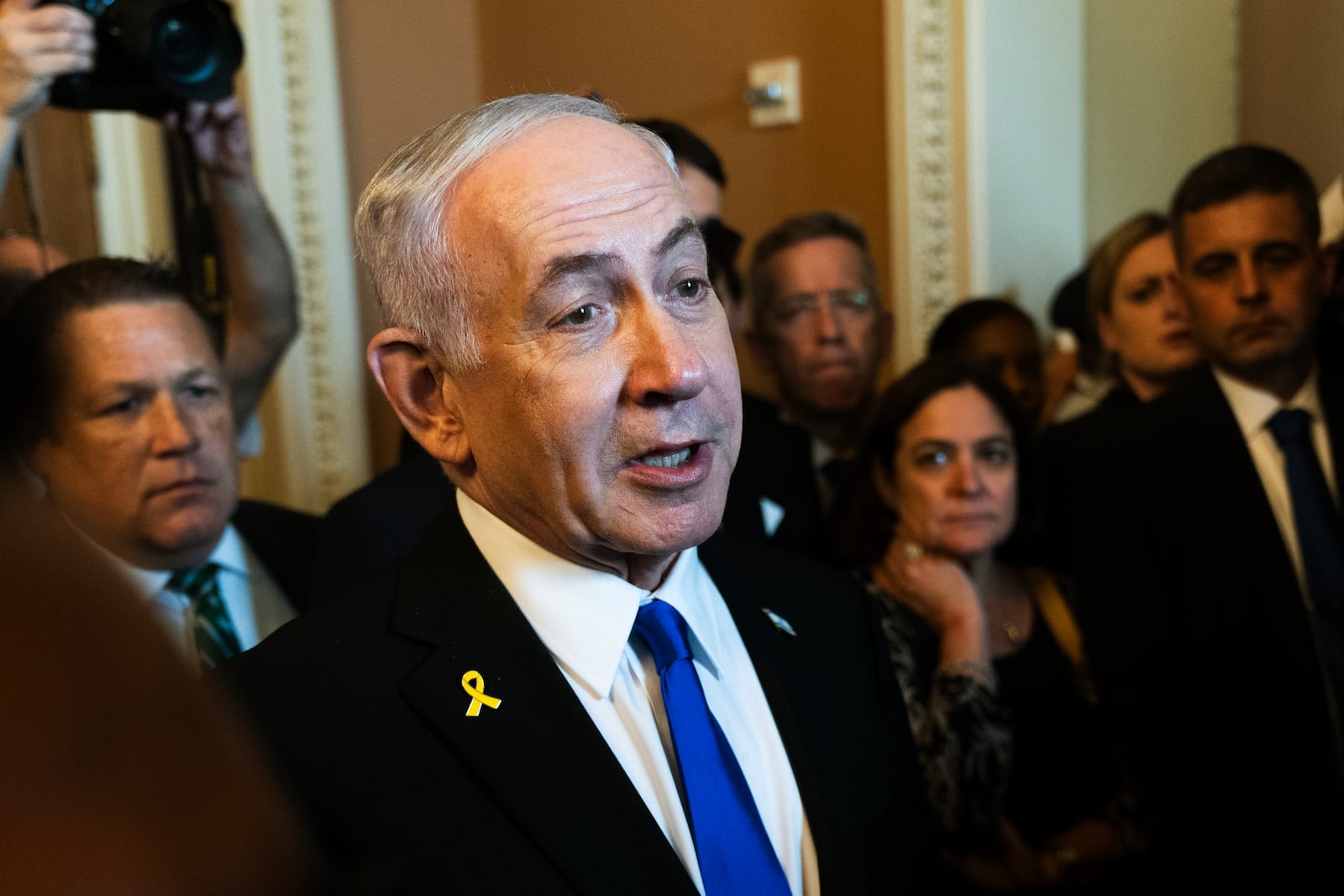 Israeli Prime Minister Benjamin Netanyahu, speaks to reporters before a meeting with lawmakers at the Capitol in Washington, Wednesday, July 9, 2025. (AP Photo/Manuel Balce Ceneta)