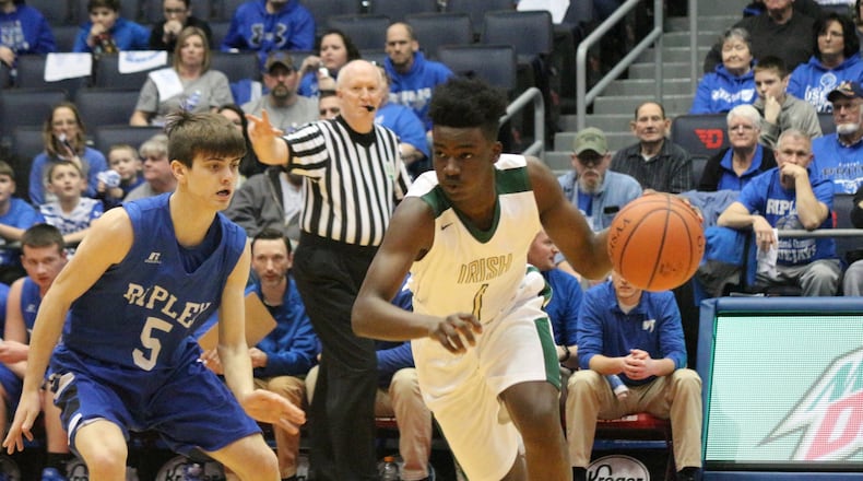 Catholic Central’s Mykah Eichie scored five straight Irish points during the fourth quarter to help Central win its first Division IV district championship since 1997. Greg Billing / Contributed photo