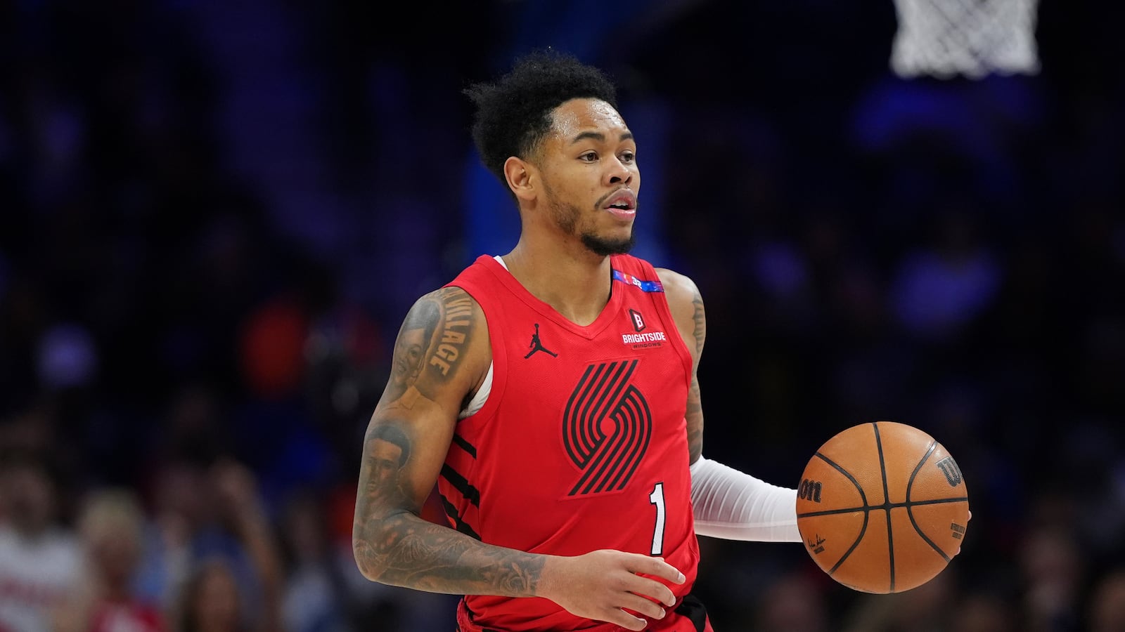 Portland Trail Blazers' Anfernee Simons plays during an NBA basketball game Monday, March 3, 2025, in Philadelphia. (AP Photo/Matt Slocum)