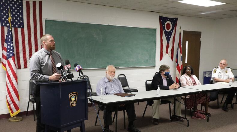 Springfield City Manager Bryan Heck speaks during a press comference Wednesday regarding the city’s curfew that was put in place after Sunday night’s disturbance and vantaglism in the downtown area. BILL LACKEY/STAFF