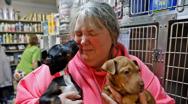 Krissi Hawke, president of the Clark County SPCA, gets a face full of puppy kisses from a pair of pups up for adoption at the SPCA Thursday, Jan. 11, 2024. BILL LACKEY/STAFF