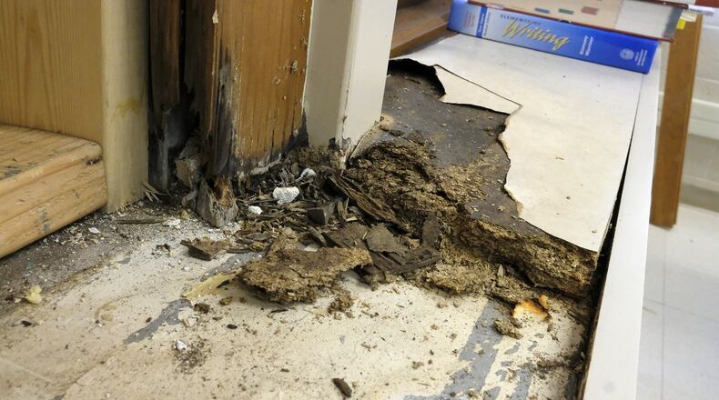 The poor condition of the widows at Triad Middle School Friday. Bill Lackey/Staff